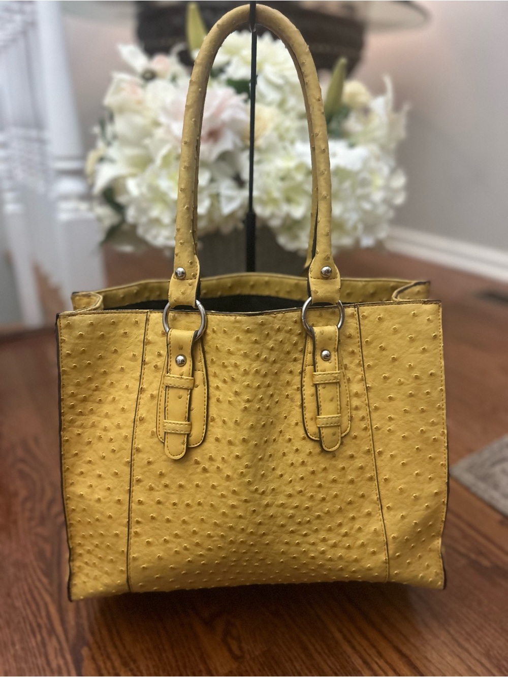 Merona Faux Ostrich Embossed Vegan Leather Tote Shoulder Bag Mustard Yellow
